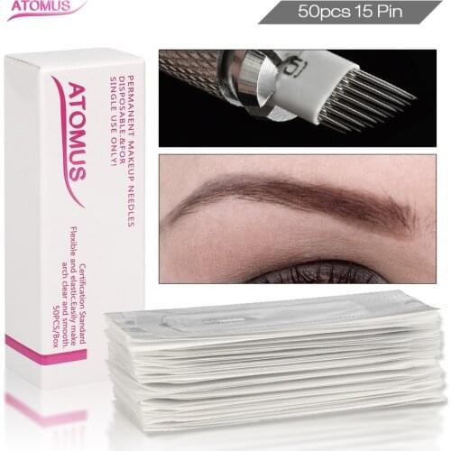50pcs Microblading Shading Blade 15 Pins Double Row Tattoo Needles Eyebrow Lips Microblading Tebori Blade 15M1 Permanent Makeup