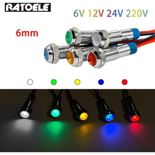 6mm Metal LED Warning Indicator Light Waterproof IP67 Signal Lamp Pilot Wires Switch 6V 12V 24V 220V Red Blue White Yellow Green