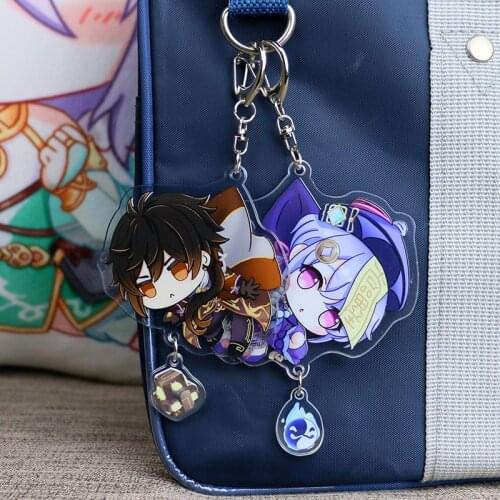 Genshin Impact Klee Venti Qiqi Zhongli Fischl Hu Tao Keychain Acrylic Keyring Anime Cartoon Cosplay Tow Side Pendant Toy