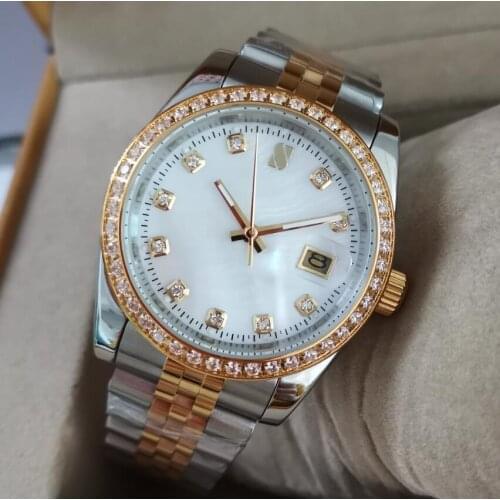 GEERVO No logo stainless steel 37mm Automatic mens Watch Diamond inlaid border white shell dial Date magnifier G092