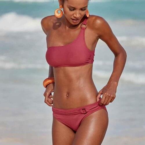 Sexy Solid Low Waist Swimsuit 2 Pieces Bathing Suit Swimwear Women Push Up One Shoulder Bikini Mujer Summer Beach Wear F50