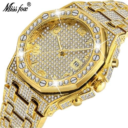 MISSFOX Mens Watches Luxury Watch Big Dial Men Trending Waterproof Full Rhinestones Complete Calendar Quartz Wristwatch V296