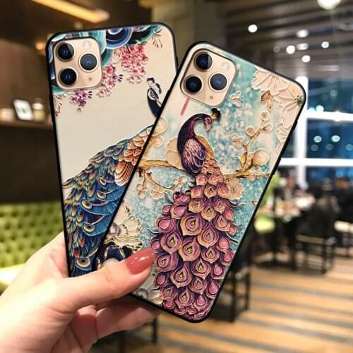 For iPhone 12 11 Pro Max Mini XS Max XR X 7 8 Plus 6 6s Case Antiscratch Embossed 3D Drawing Peapock Soft Shockproof Cover Funda