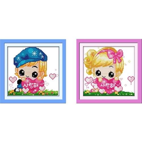 Joy Sunday Cross Stitch Boy&Girl Counted Cartoon Paintings 11CT14CT DIY Needlework Embroidery Kit Children Room Decoration Kits