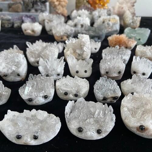 Natural Animal Stone Home Decoration Clear Crystal Cluster Gemstone Hedgehog Reiki Healing Gemstone Handmade Carved Crystal