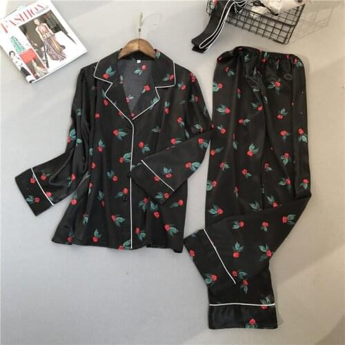 Spring and summer new long-sleeved lapel home service set silk printing home pajamas pyjamas sleepwear home suit