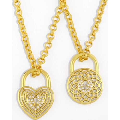 FLOLA CZ Cubic Zirconia Heart Padlock Necklace For Women Gold Chain Round Lock Pendant Necklace Statement Jewelry Gifts nkes05