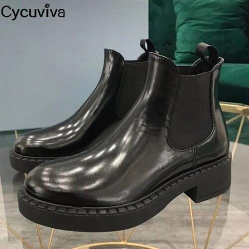 Luxury Black Leather Ankle Boots For Women Square Heel Motorcycle Boots Runway Platform Winter Lady Shoes Slip On Martin Boots