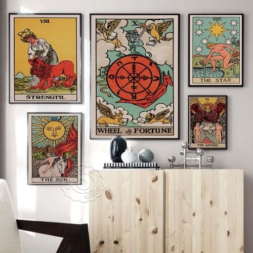 Old Tarot Cards Retro Poster, Five Cards The Lovers Star Sun Wheel Of Fortune Strength Art Prints, Vintage Art Home Wall Decor