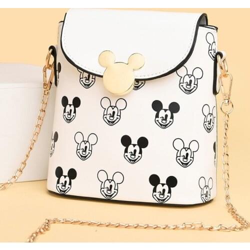 Disney Mickey Minnie pu large capacity bucket bag shoulder messenger chain bag women shopping bag girl mobile phone bag handbag