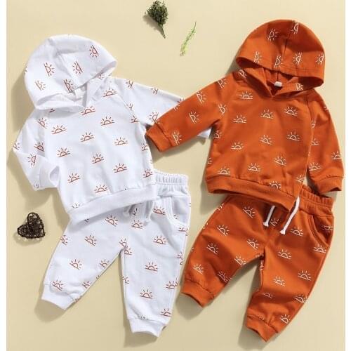 FOCUSNORM 2021 New Autumn Kids Baby Boy Girl Clothes Sets Long Sleeve Sun Print Hooded Tops Long Pant 2PCS