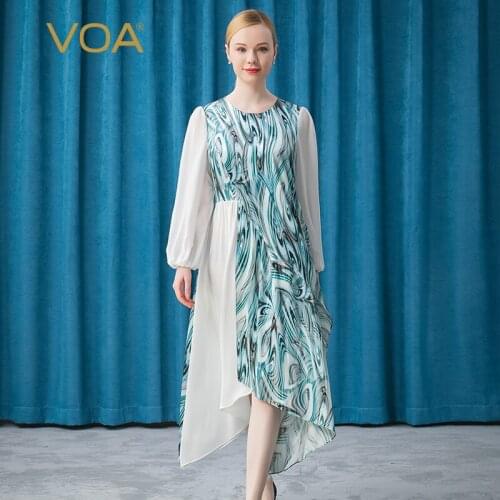 VOA Silk Satin Micro Elastic Round Neck Lantern Long Sleeve Asymmetrical Stitching Hem Lotus Leaf Side Long Skirt AE639