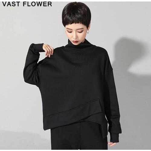 2021 Spring Autumn Black Plus Size Irregular T-Shirt Women Turtleneck Long Sleeve Loose Casual T Shirt Tops Fashion Streetwear