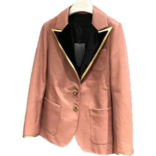 Coat Women Spring Regular Length Pink Color Genuine Leather Jacket Spliced Velvet Collar New Fashion Females Overcoat