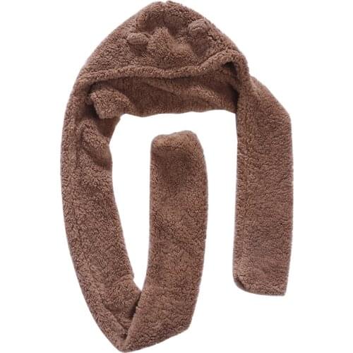 Women Winter One-Piece Hat Scarf Cute Bear Ears Hooded Earflap Cap Thicken Plush Thermal Solid Color Neck Warmer Gift