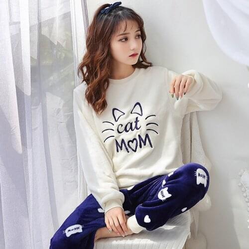 Women Pajamas Sets Casual Housewear Tops Long Trousers Sleepwear Pijama Ladies Thick Pijama Women Nightwear Cute Flannel Pajamas