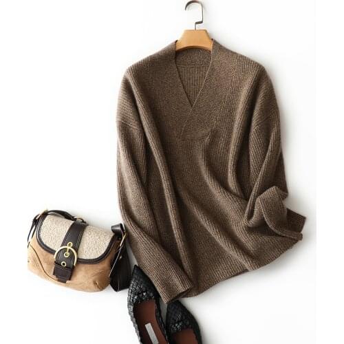 High quality 100% cashmere v neck sweaters feamle fashion oversized ladies pullovers long sleeve europe style loose chic jumpers