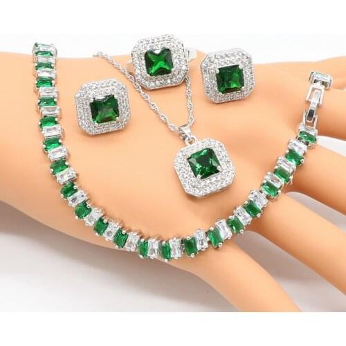 Green Imitated Emeral Crystal White Zirconia Silver color Bridal Jewelry Sets For Women Necklace Pendant Earrings Rings Bracelet