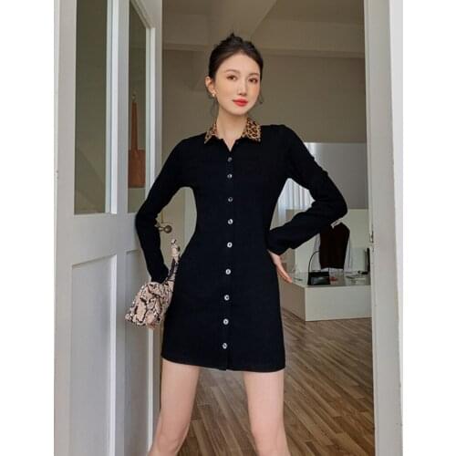 Spring Autumn Button Up Tunic Shirt Dress Women Long Sleeve Slim Leopard Stitching Black Inner Dress 2020 Korean Fashion