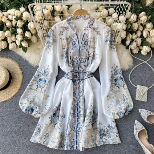 SINGREINY Retro Court Wind Print Dress Women Fashion V Neck Puff Sleeve A-line Dresses 2021Spring Korean Bohemian Short Dress