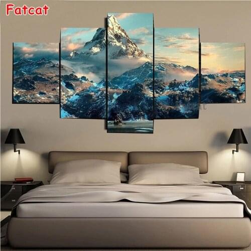 5 Panel 5D Diy Natural Scenery Poster Art Diamond Painting Mountains clouds Cross Stitch Embroidery Full Drill Home Decor PP2450