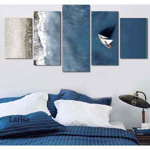 5 Panel Canvas Prints Seascape Beach Nordic Wall Art Decor Painting Sea Poster and Picture for Bedroom Decoration