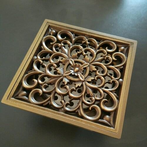 Antique Brass Carved Flower Art Bathroom Accessory Floor Drain Waste Grate100mm*100mm