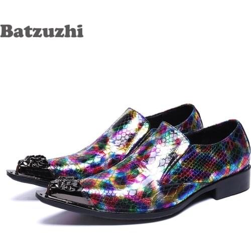 Batzuzhi Italian Leather Mens Dress Shoes Vintage Pointed Metal Tip Formal Leather Dress Shoes Men Color Party and Wedding Shoes