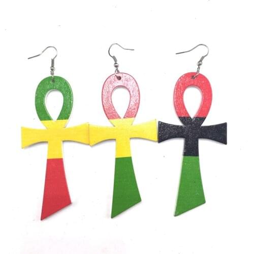Free Shipping! 5pairs/lot Rasta Ankh Wooden Earrings