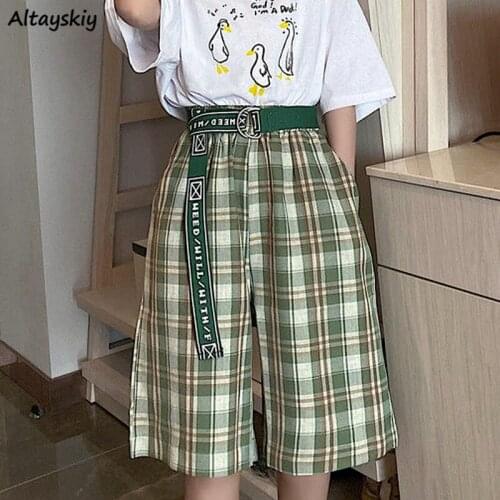 Pants Women Knee-length Harajuku Loose Breathable Daily Workout Lazy Wide Leg Plaid Vintage Unisex Trousers Leisure Korean Style