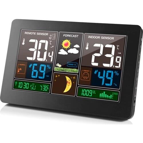 FanJu FJ3378 Digital Alarm Clock Wall Weather Station Indoor Outdoor Temperature Humidity Barometric Forecast Air Pressure Gauge