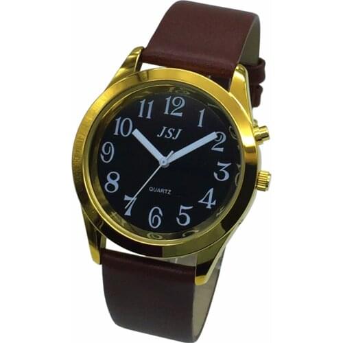 French Talking Watch with Alarm Function, Talking Date and time, Black Dial, Brown Leather Band, Golden Case TAF-806