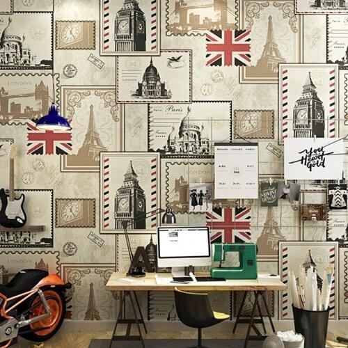 British European-Style Ancient Architecture Restaurant Hotel Personalized Wallpaper Retro Nostalgic Stamps Flag Union Flag