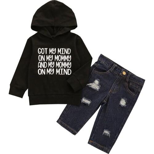 1-4Years Baby Boys Fashion 2-piece Outfit Set Letter Print Hoodie+Ripped Jeans Set for Kids Boys