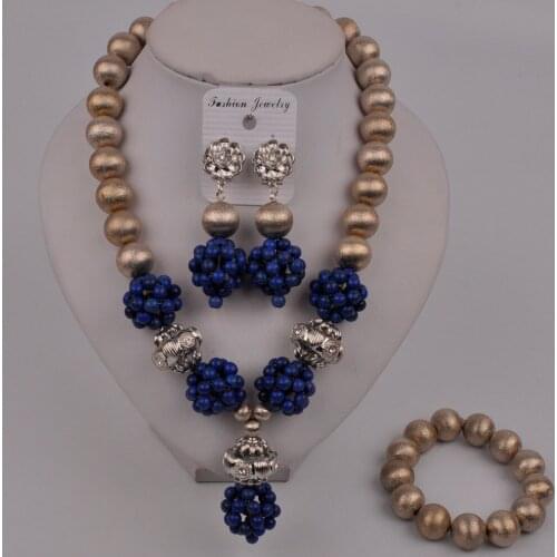 Costume Necklace Royal Blue African Beads Jewelry Set Nigerian Wedding Set Bridal Jewelry Sets 46-AA-01