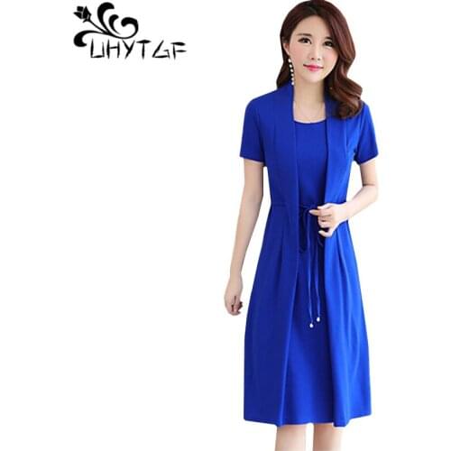 UHYTGF Summer dress vestidos womens fashion fake two elegant dress pullover Lace-up 5XL plus size dresses vestidos de verano 473