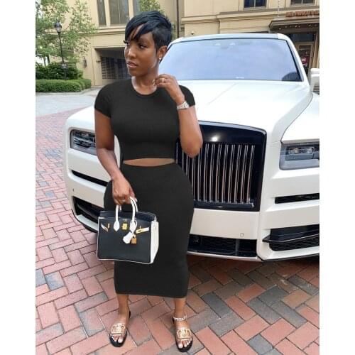 Summer Solid color Women Skirt Suit Sexy Simple Style Short Sleeves Crop Tops & Midi Skirt set Casual Two Piece Set Streetwear