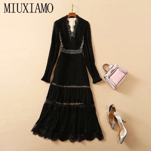 MIUXIMAO 2020 Fall Dress Women Party Lace Dress Embroidery Office Lady Casual Long Sleeve Black Dress Women Vestidos
