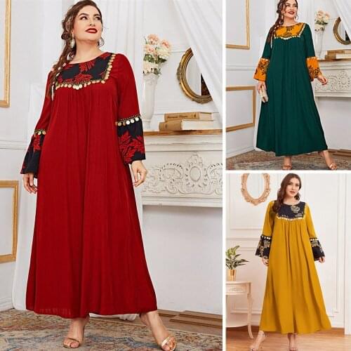 Muslim Women Long Dress Abaya Sequins Tassel Ethnic Print Maxi Robe Turkish Middle East Ramadan Dubai Islamic Clothing Plus Size