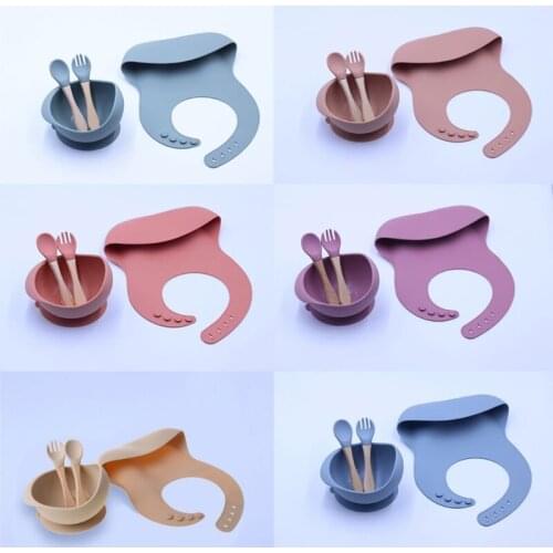 New Colors Feeding Set Food Grade Silicone Waterproof Bibs Baby Non-silp Suction Bowl Kids Tableware BPA Free Spoon Fork