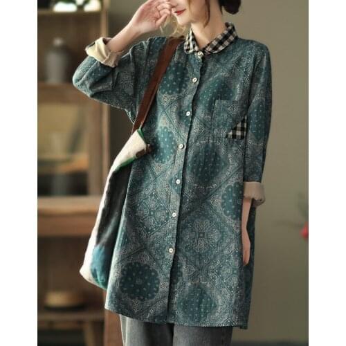 New National Printed Stitching Plaid Collar Womens Shirt Mid-Long Spring Full Sleeve Loose All-match Blouses Vintage Cardigans