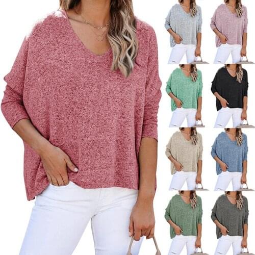 2021 autumn and winter new European and beautiful pure color wool bat sleeves V-neck loose long-sleeved casual pullover top