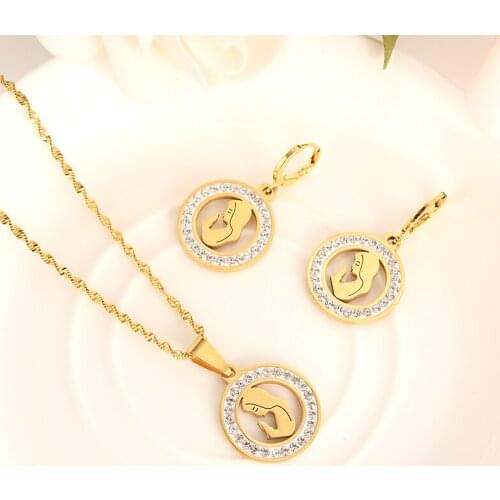 Mother Virgin Mary Necklace Earrings Gold Catholic Religious crystal cz sweaterJewelry Set Christmas Gift For Women girls gifts
