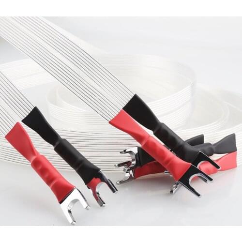 Pair HiFi Audio Speaker Cable OCC Silver Plated ribbon Loudspeaker Cable Spade Plug Terminal Audiophile