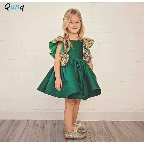 Qunq Baby Toddler Girl Dress 1 2 3 4 5 Year Old Children Summer Princess Dresses Sequined Bow Green Color Kids Party Costume
