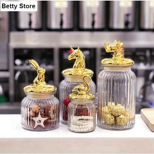 Transparent Gilded Candy Jar Glass Candle Jars with Lid Golden Animal Decor Cosmetic Organizer Tank Animal Decor Storage Bottles