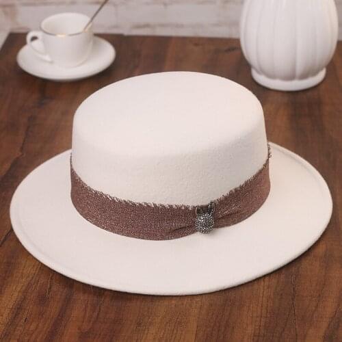 French Elegant Ladies Flat Fedoras Winter Spring White Black Wool Jazz Cap Short Brim Pure Wool Felt Fedora Hat Sombrero Cap
