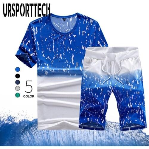 Summer Mens Sets Short Sleeve Print Tracksuit Men Sportswear Casual 2 Pieces Set T-Shirt+Shorts Male Clothes Slim Sports Suits