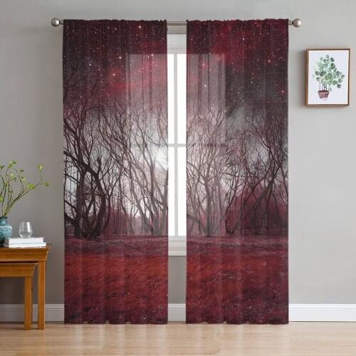 Red Trees Starry Sky Forest Tulle Curtains For Living Room Bedroom Transparent Tulle Curtains Window Drapes Sheer Curtain