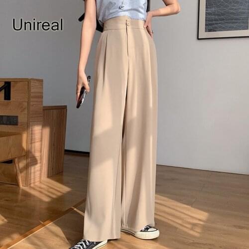 Unireal 2021 Summer Streetwear Women Wide Leg Pants Khaki Casual Long Pants High Waist Trousers
